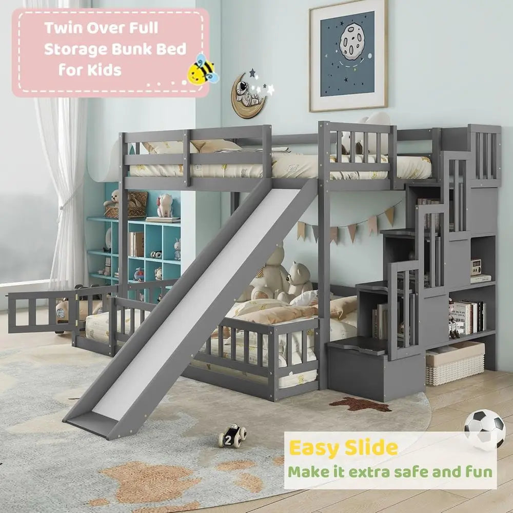 Gray Twin Over Full Bunk Bed with Slide, Stairs, and Storage for Kids