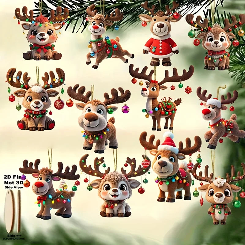 12pcs Christmas Elk 2D Wooden Pendant Christmas Party Decoration Set for Xmas Tree Ornament Perfect Indoor Xmas Celebration Gift