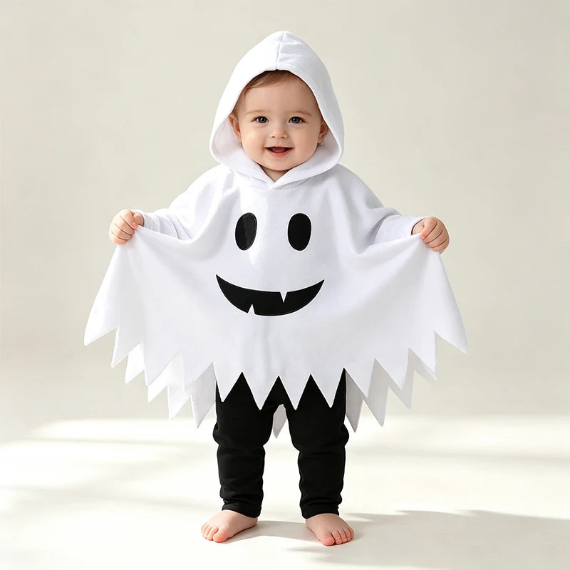 Infant Halloween Ghost Cosplay Costume Baby Hooded Cape Poncho Cloak for Kids Party Dress Up Wear