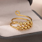 Anxiety Beads Rings for Women Gold Color Stainless Steel Open Spinner Adjustable Finger Ring Rotating Freely Anti Stress Jewelry