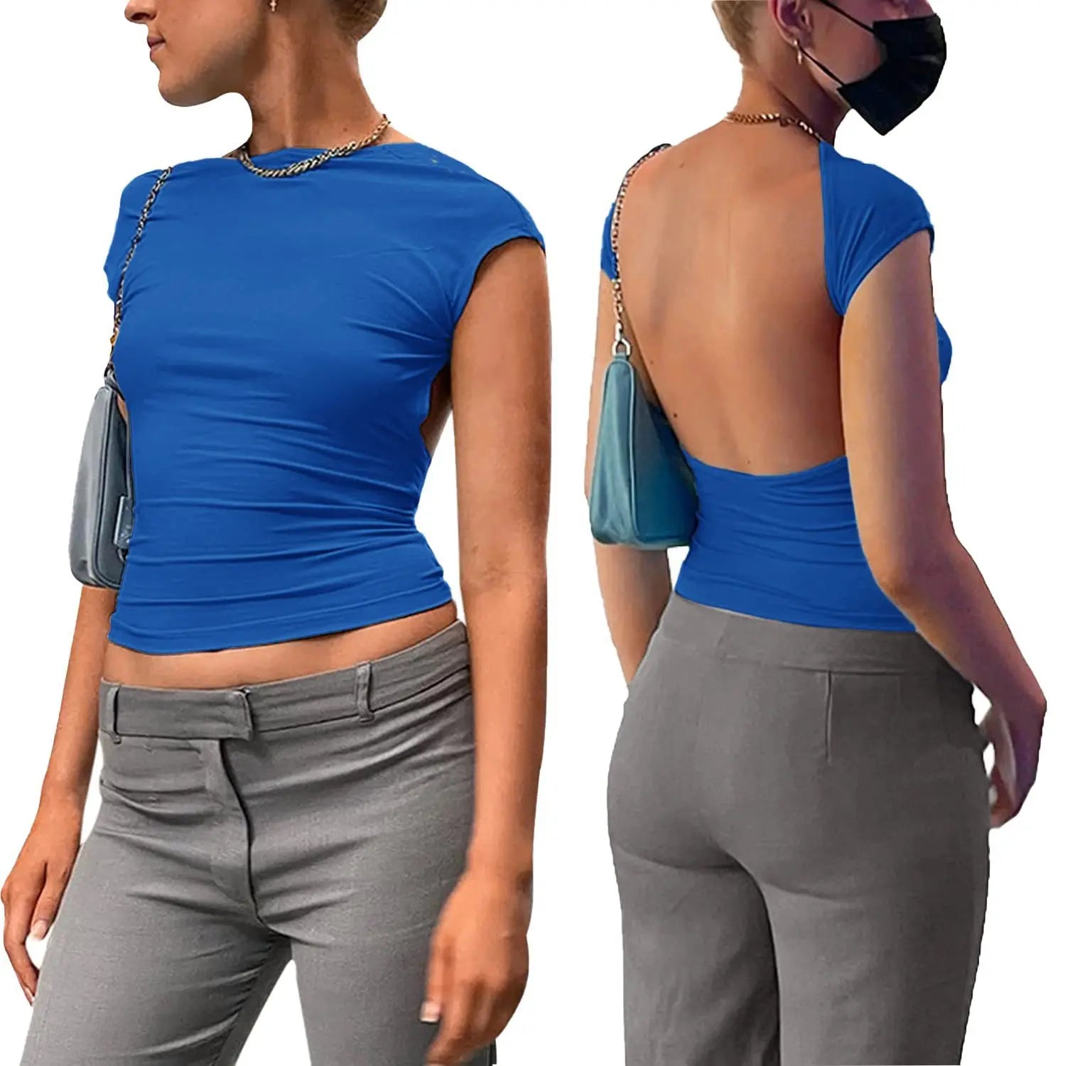Y2K Womens Sexy O-Neck short Sleeve Bodycon T Shirt Fashion Casual Solid Streetwear T Shirt 2023 Club party Backless T Shirt