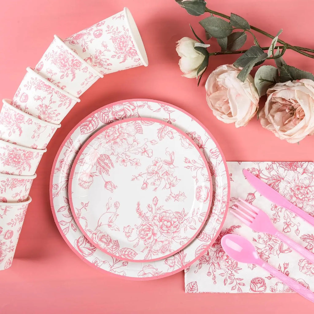 175Pcs Pink Floral Paper Plates and Napkins 25 Guests Pink White Toile Chinoiserie Party Supplies Set Include Plates Napkins
