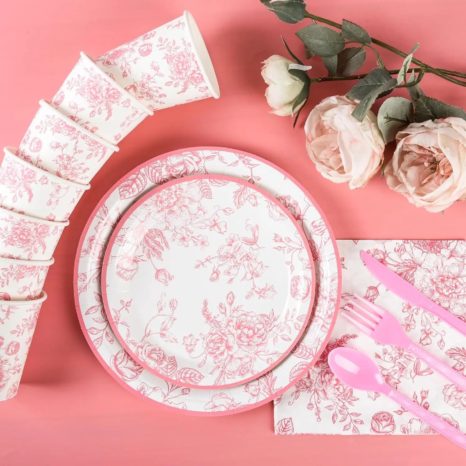 175Pcs Pink Floral Paper Plates and Napkins 25 Guests Pink White Toile Chinoiserie Party Supplies Set Include Plates Napkins