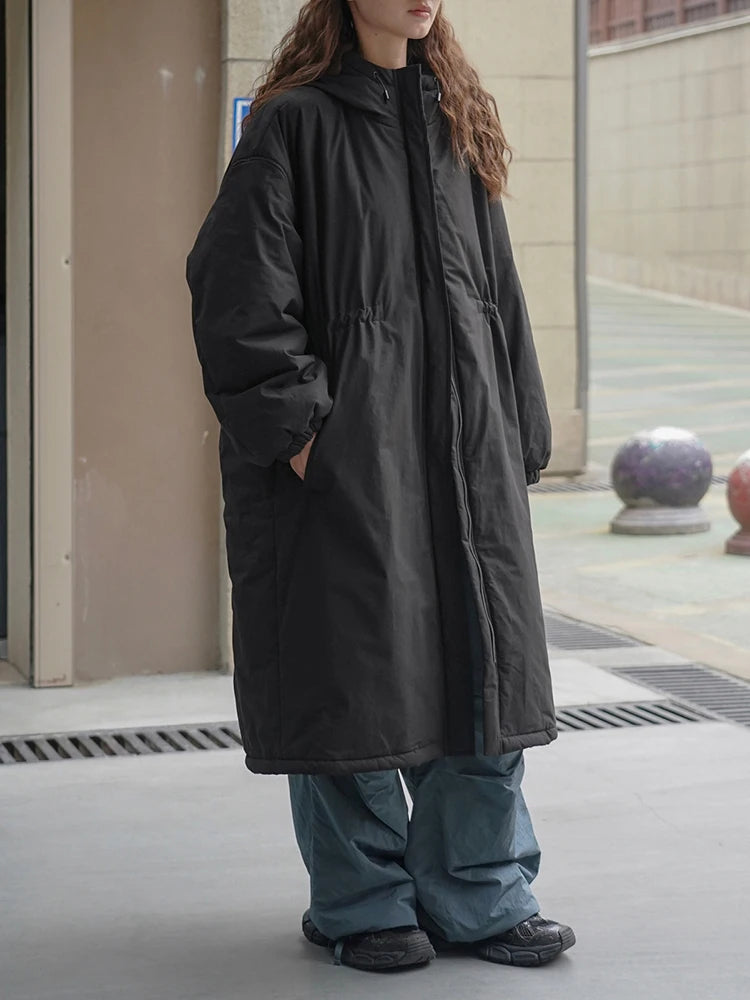 [EAM] Black Big Size Long Cotton-padded Coat Long Sleeve Loose Fit Women Parkas Fashion Tide New Autumn Winter 2026 1DH2804