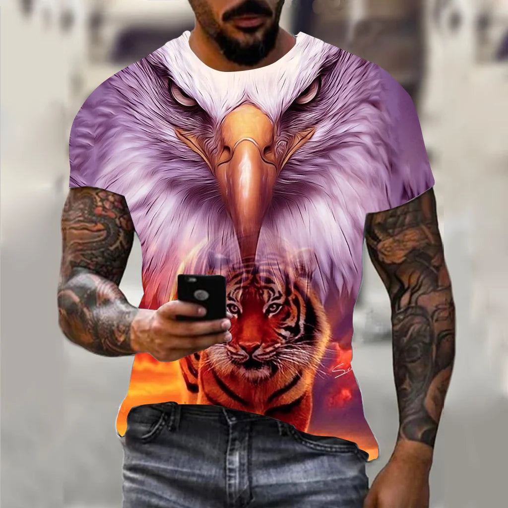 Harajuku Men's T-shirt Hip Hop Trend Street Casual Round Neck Short Sleeve Loose Top Fun 3D Animal Eagle Print T-shirt