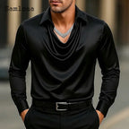 Men Long Sleeves Notched Shirt Clothing 2025 European Fashion Basic Top Solid Silver Gold Blouse Mens Casual V-neck Shirts Homme
