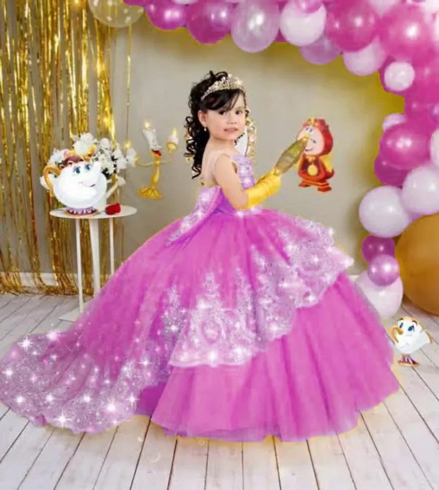 Gold Girls Princess Dress 2024 Tulle Tiered Flower Girl Dress Toddlers Beaded Lace Pageant Dress Customized Birthday Party Gowns