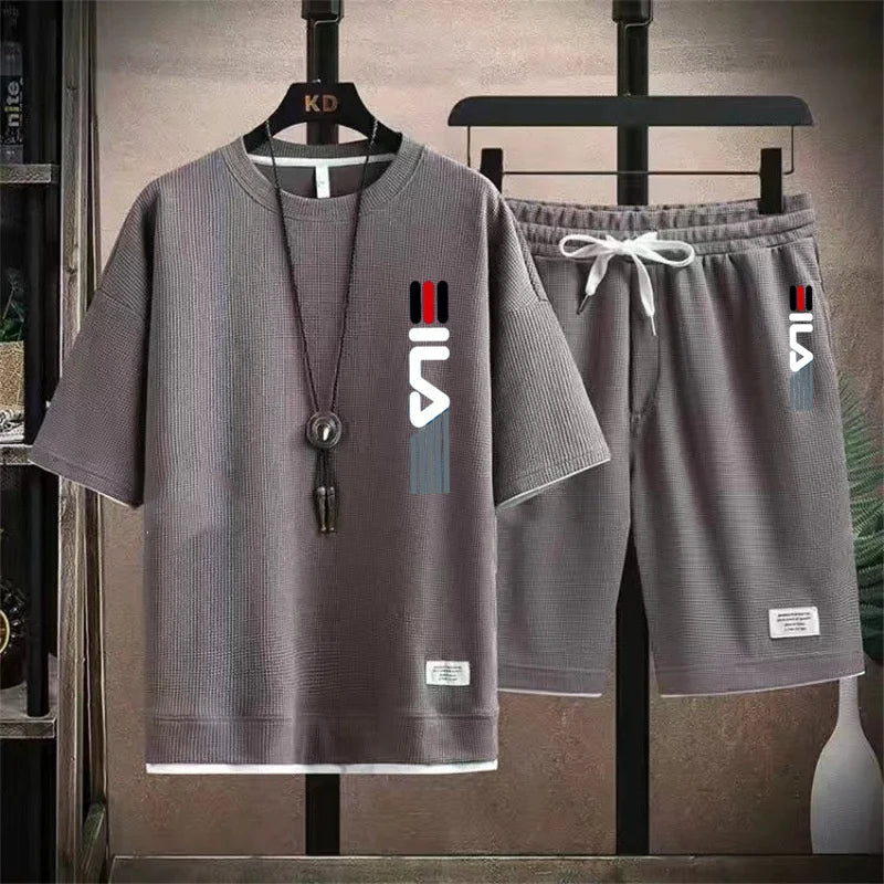 Men's summer 2026 fashionable outdoor new casual short sleeved T-shirt set, round neck hooded sweatshirt+sports shorts two-piece
