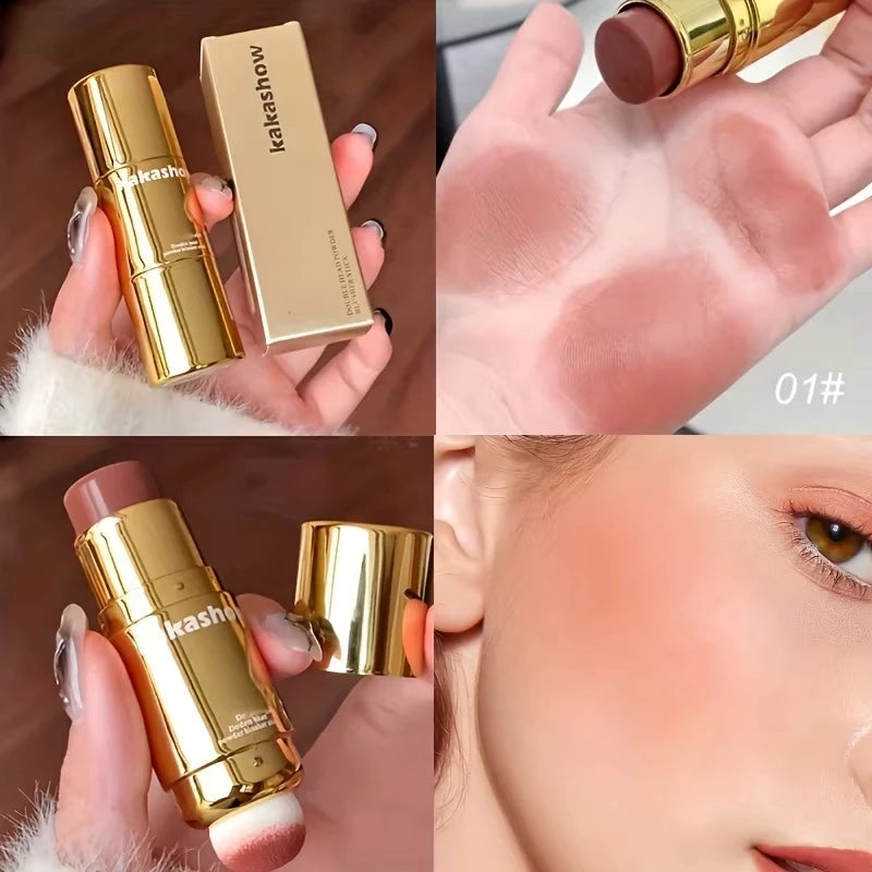 Double Head Powder Blusher Stick, Multi-use Cream Blush Stick with Sponge Tip, Long-lasting Natural Cheek Tint, Portable Makeup