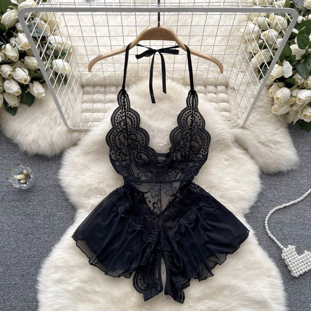Valentine Party Sleepwear Combination Catsuits Slim Intimate Erotic Mesh Strappy Rompers Women Bodysuits Lingerie Sexy Sets