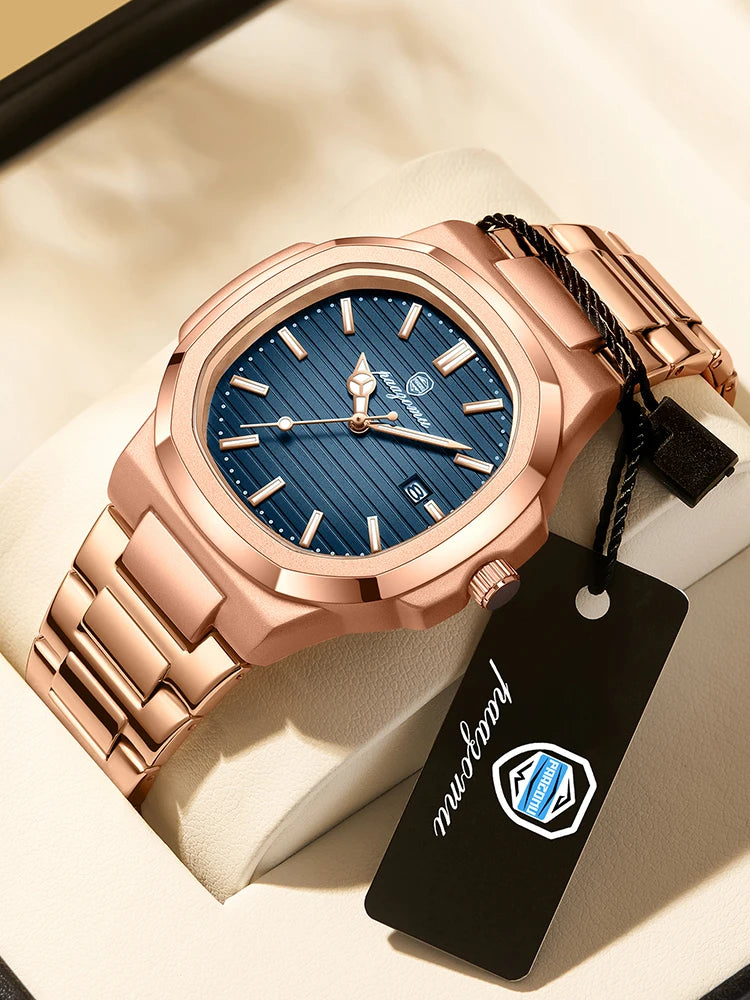 Business Men's Rose Gold Blue Striped Dial Watch Stainless Steel Strap Calendar Waterproof Quartz Sports Watch Birthday Gift