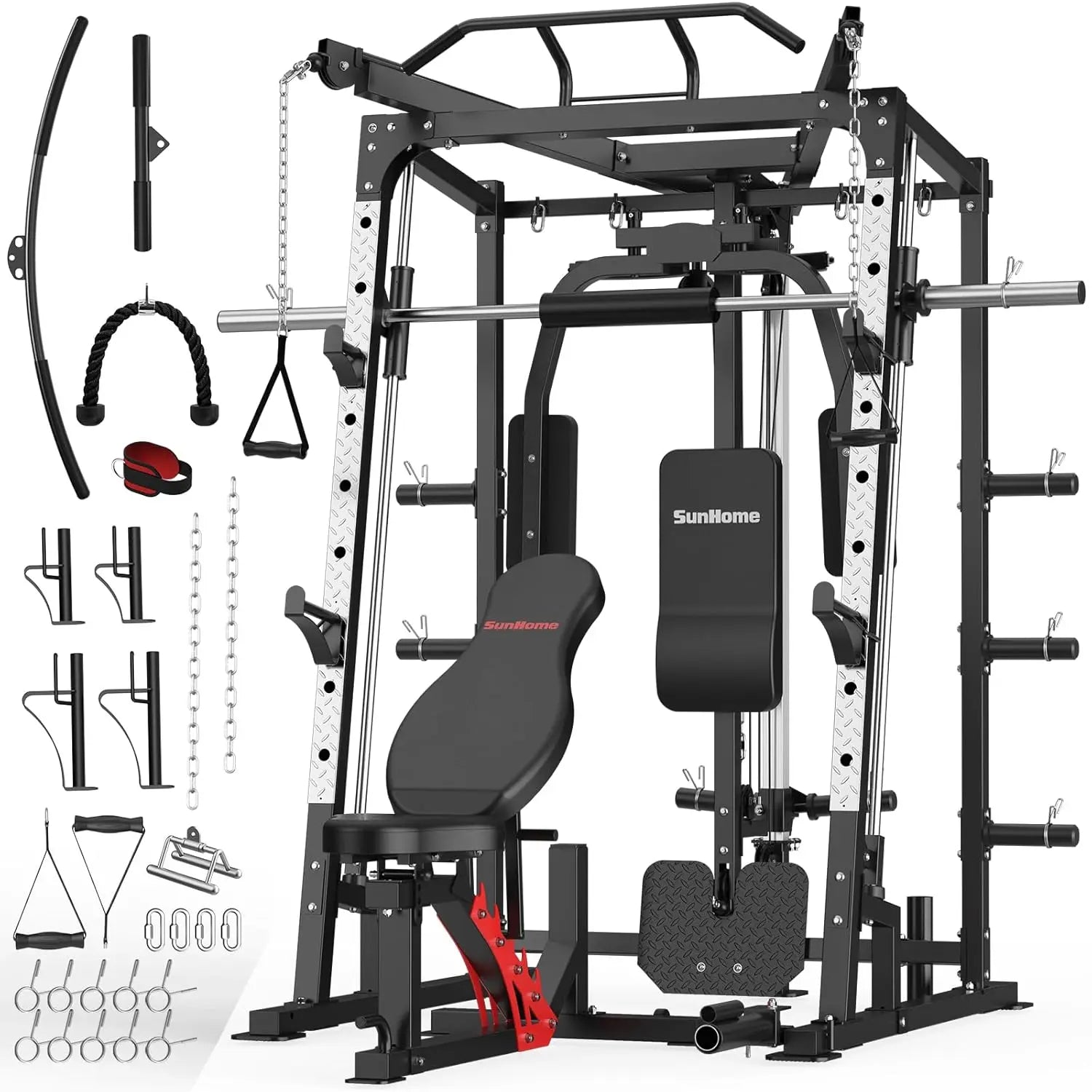 Smith Machine, Power Cage Squat Rack with Smith Bar, LAT Pull-Down Systems, Cable Crossover Machine and Cable, Customized