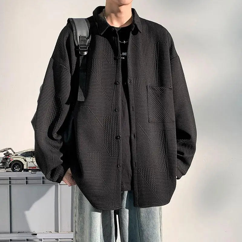 Men's plus Size Casual Long Sleeve Shirt Single Breasted Solid Color Loose Fit Button down Top Jacquard Fabric Fall Fashion M-XX