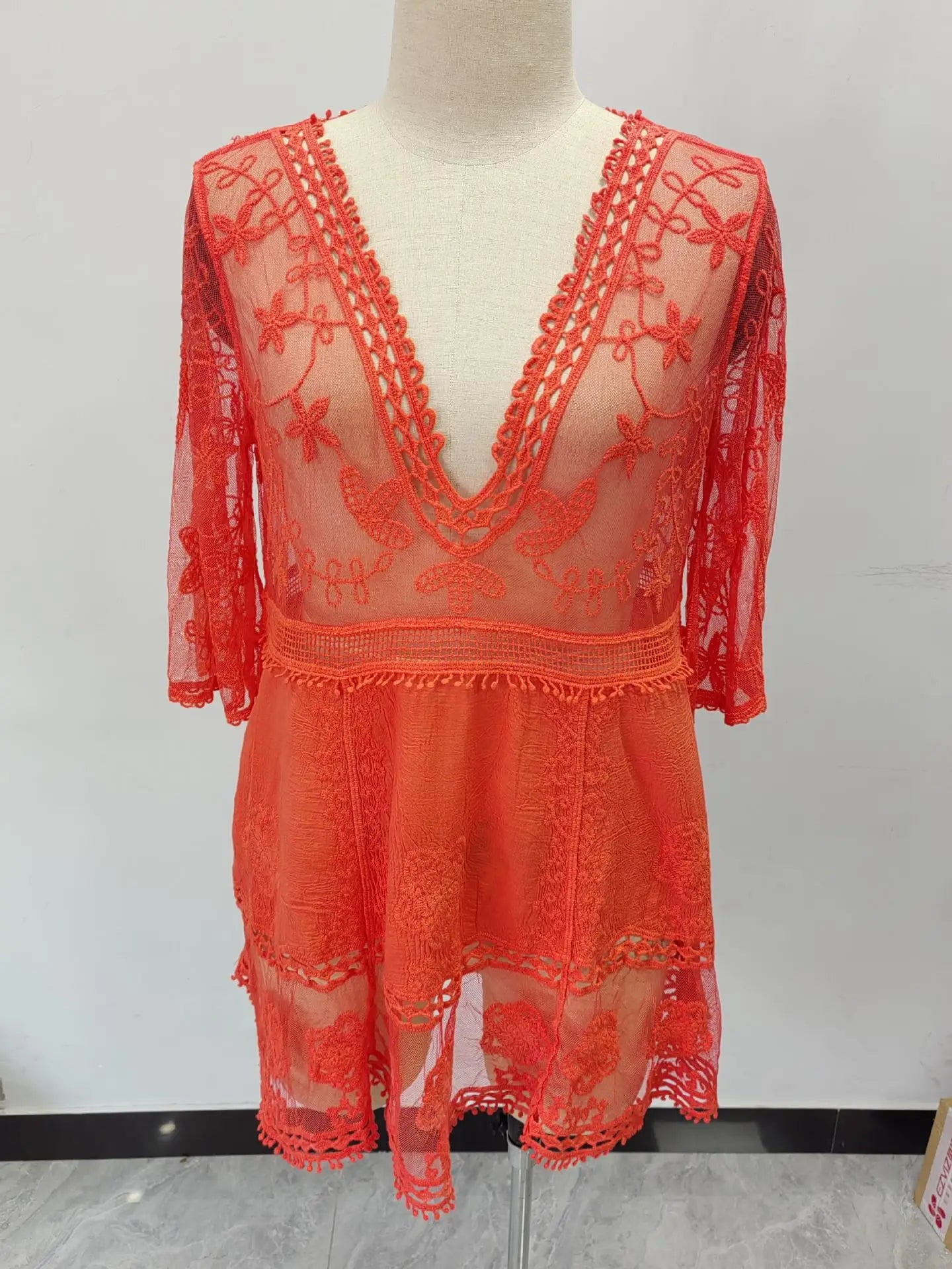 Women's Mesh Bikini Cover-up Deep V-neck Sexy Swimsuit Set Summer Loose Beach Short Sleeve Lace Hollow Out Dress