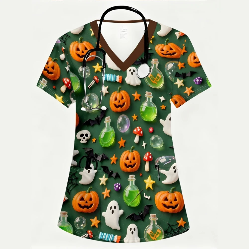 Women's Scrub Top Halloween Pumpkin Black Cat Ghost Print V-Neck Short Sleeve Pockets Medical Uniform Nurse Hospital Workwear