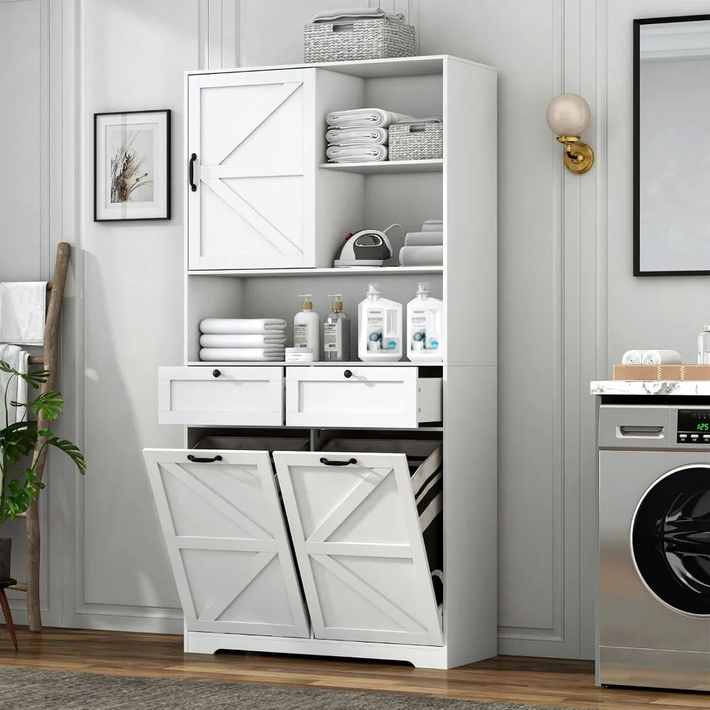 78" Tall Tilt-Out Double Doors Laundry Cabinet Hamper w Hidden Laundry Hamper,Large Pull Out Laundry Room Storage Cabinets,