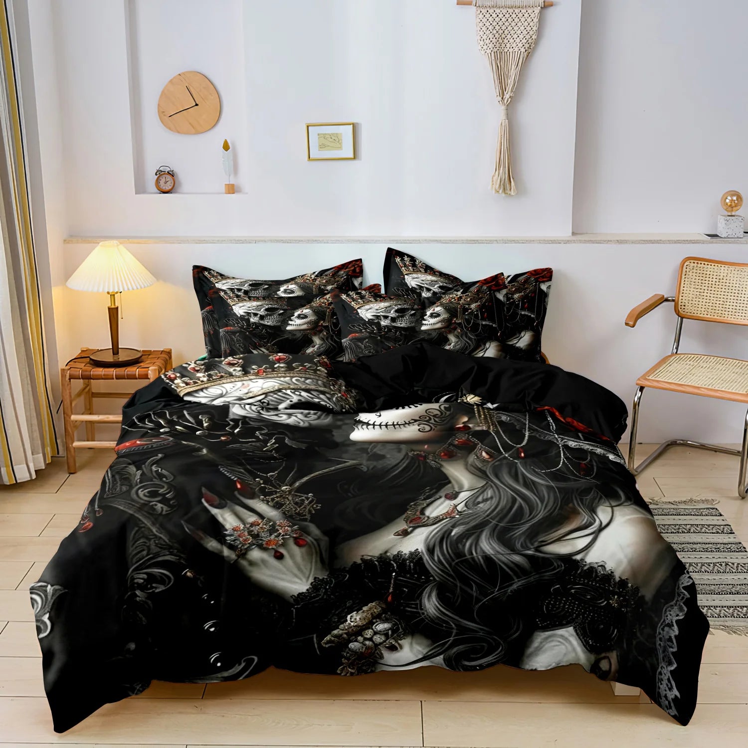 3Pcs Gothic Mexican Sugar Skull Woman Duvet Cover Bedding Set Floral & Skull Patterns - Ideal For Day Of The Dead Celebrations