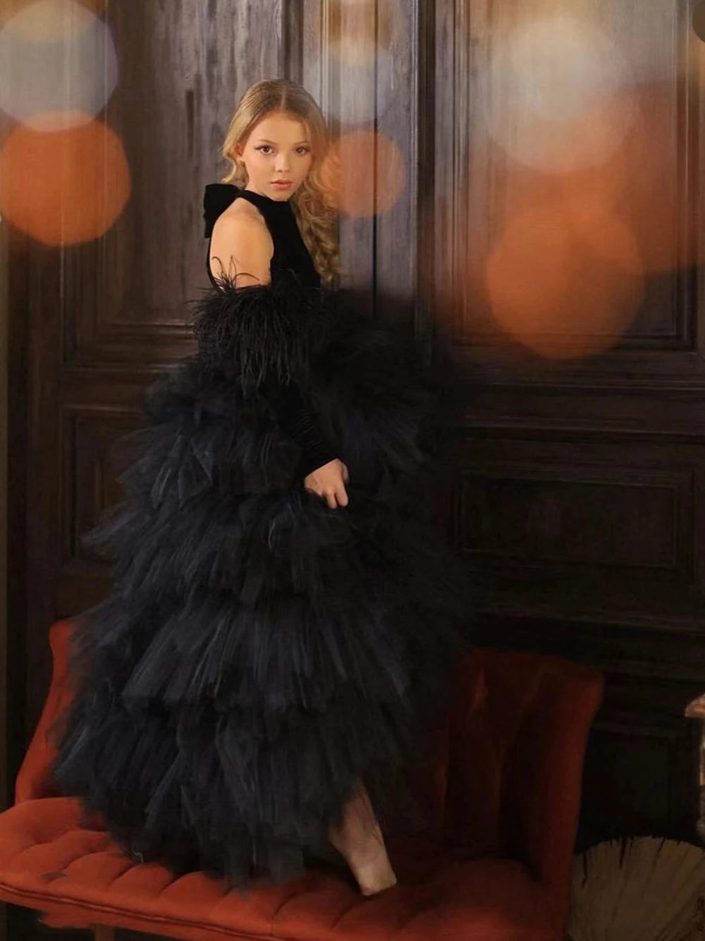 Black Tulle Puffy Flower Girl Dresses For Wedding With Bow Birthday Party Ball Pageant First Communion Dresses for Girls
