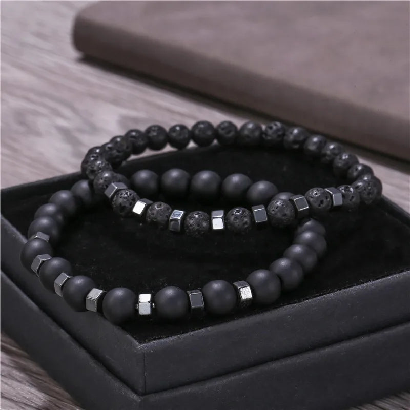 2pcs/set Beaded Bracelet Men Lava Stone Agate Tiger Eye Bead Charm Men Women Bracelet Sets Jewelry Best Gifts Pulsera Hombre
