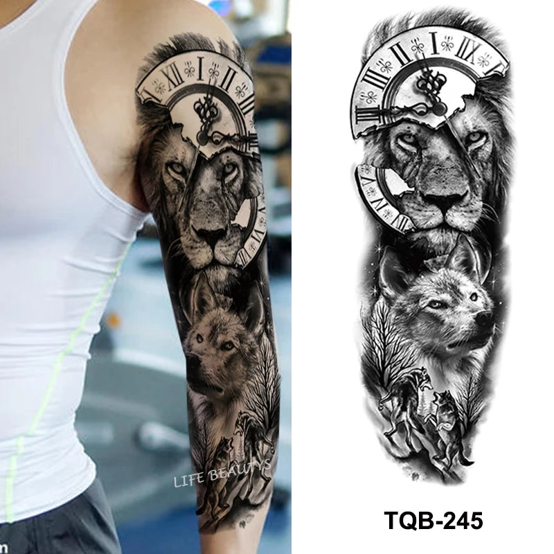 Waterproof Full Arm Temporary Tattoo Sticker Tiger Lion Wolf Eye For Man Women Body Art Sleeve Flash Fake Shoulder Tatoo