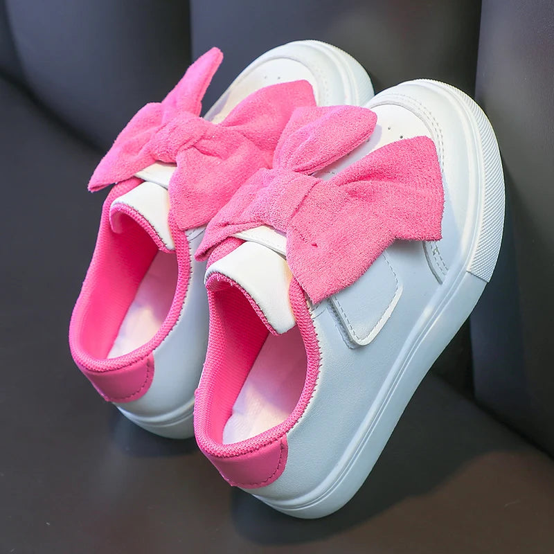 Little Kids Sneakers for Girls 2026 Spring Autumn Fashion White Skate Shoes Girls Casual Shoes with Big Pink Bow-knot Hot Sale