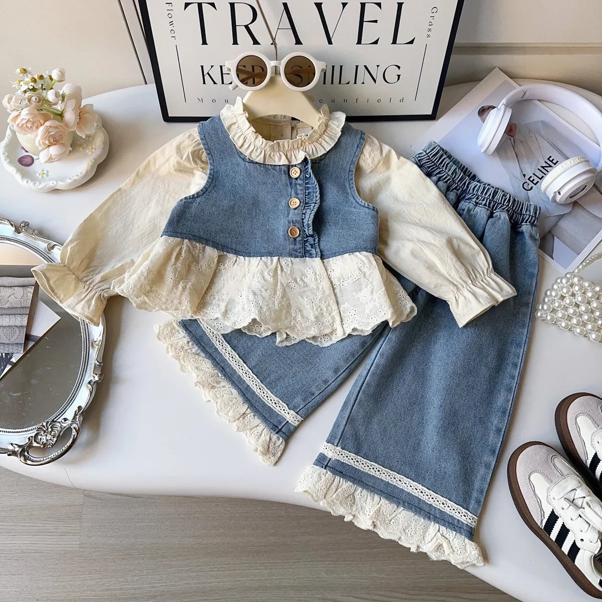 Baby Girls Sets Fashion Spliced Lace Sleeveless Denim Vest and Long Pants Cotton Shirts 2025 Spring New Style Kids 3 Piece Sets