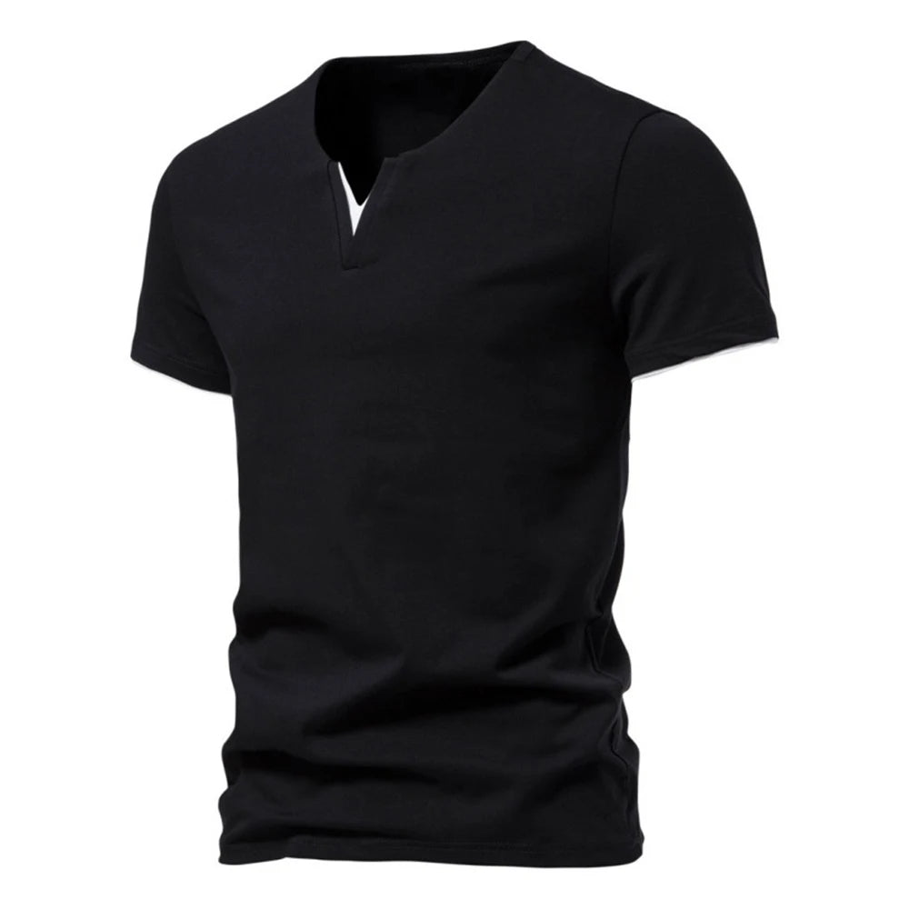 Men's T-shirt Summer Henley V-neck Short Sleeve Men Casual Slim Fit Basic Loose Fitness Sports Breathable Top