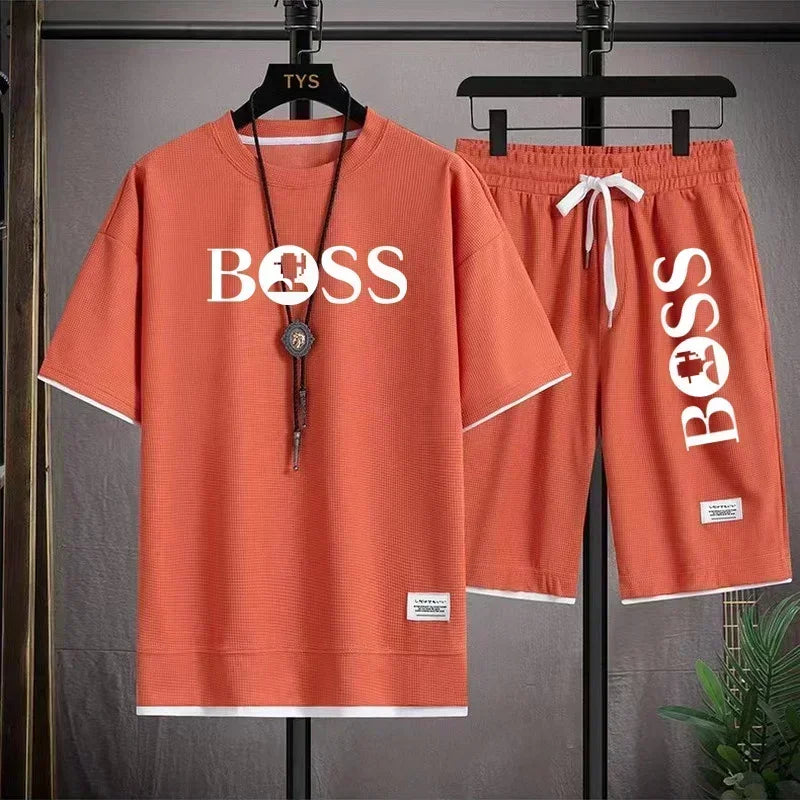 Summer 2025 new men's breathable short-sleeved T-shirt + quick-drying shorts two-piece set, outdoor fashionable men's sportswear