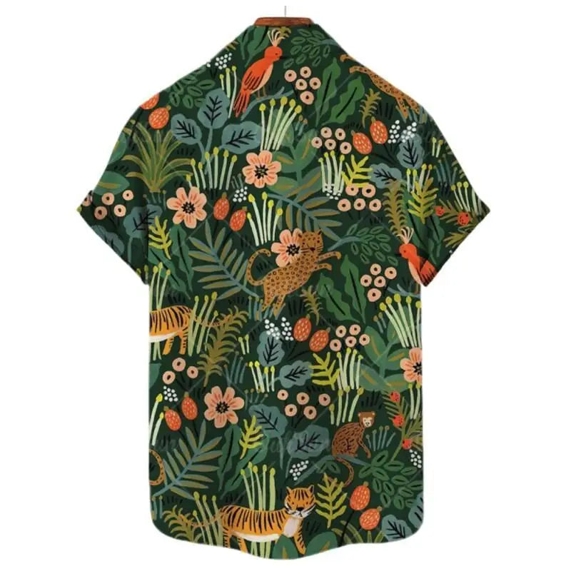 Men Tropical Jungle Animal Print Hawaiian Shirt Short Sleeve Button Down Casual Loose Fit Beach Shirt For Summer Vacation Holida