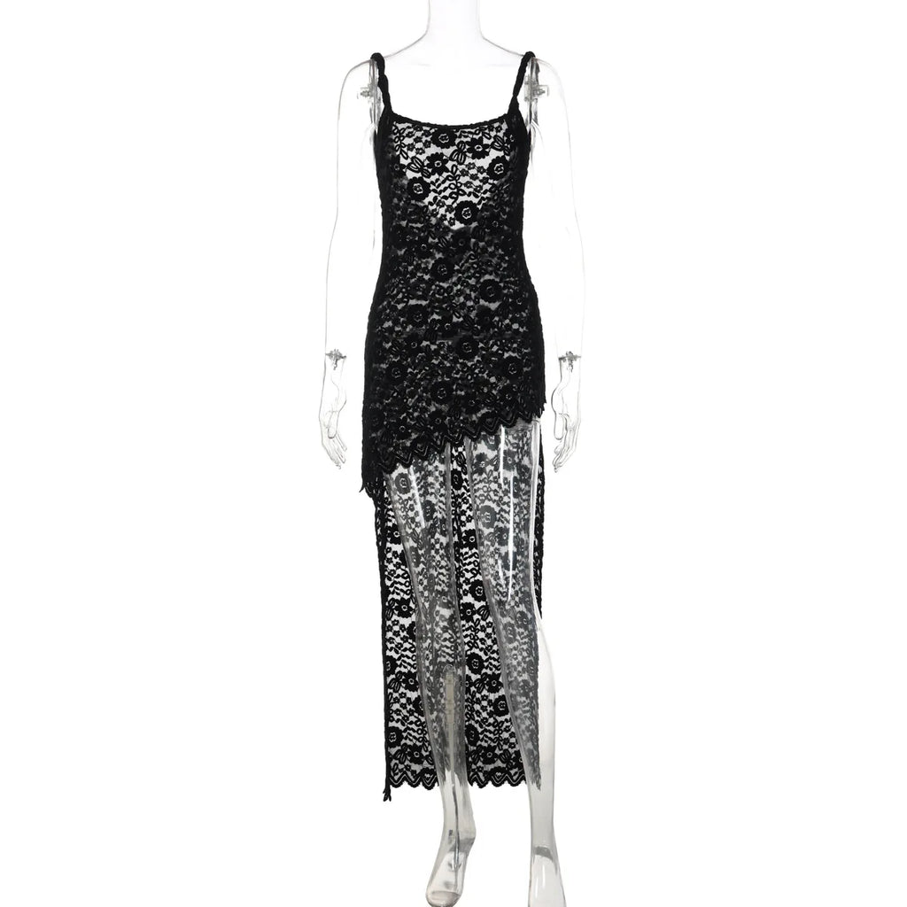Y2K Women Sexy Lace See Through Maxi Dress Outfit Bodycon Summer Sleeveless Backless Party Club Dresses Asymmetrical Streetwear