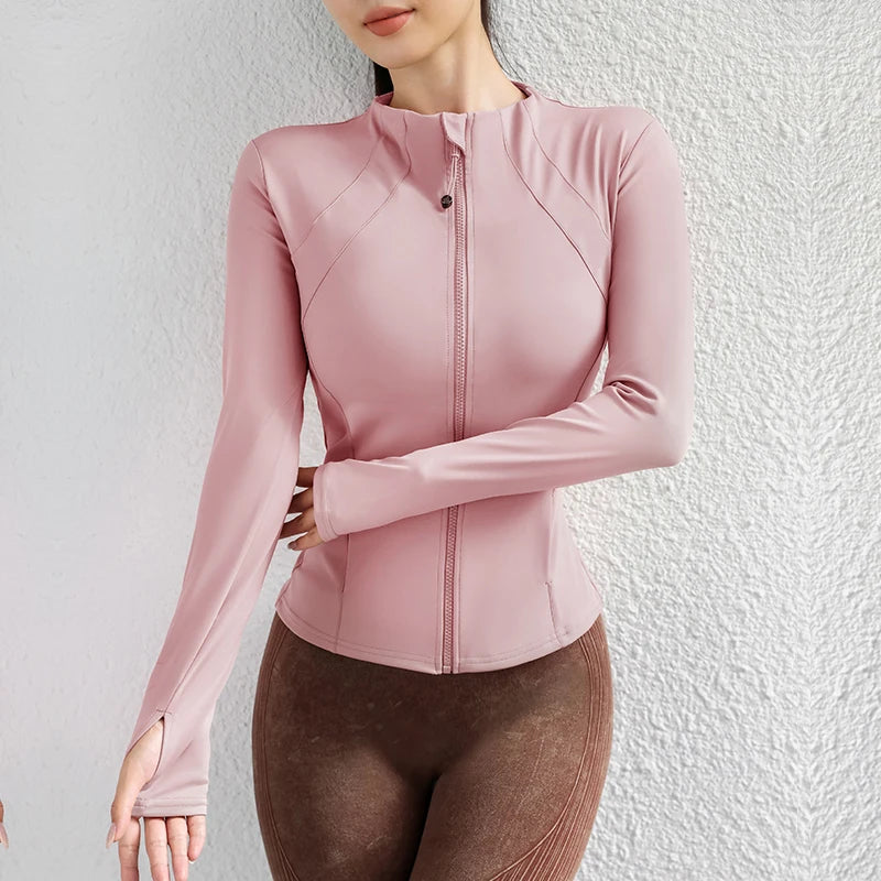 New Solid color tight jacket zipper long-sleeved coat sports running fitness long yoga jackets woman