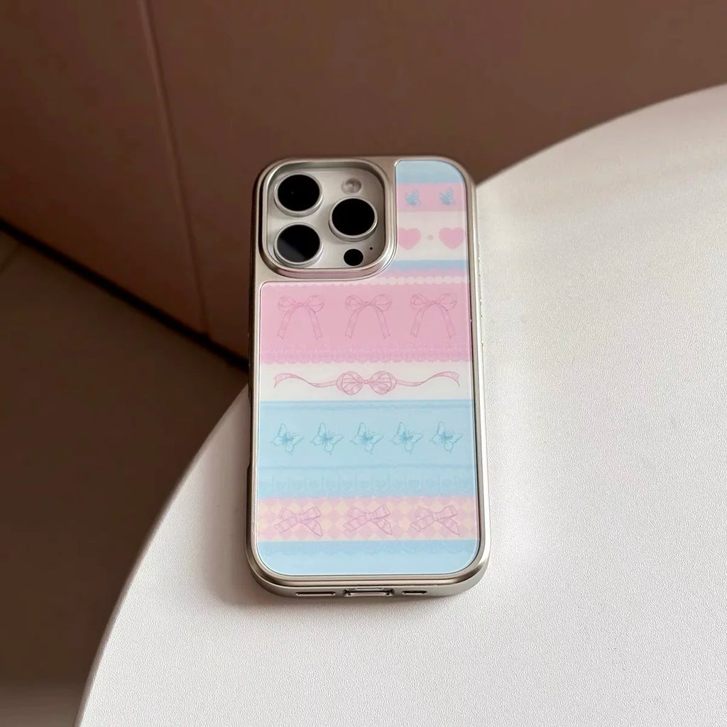 INS KOREAN Pink Forest Morning Post Bow Silver Frame Phone Case for IPhone 16 PLUS 15 14 13 12 11 Pro Max Back Cover Capa