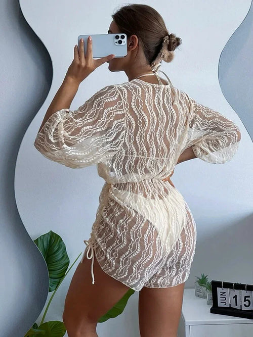 3 Pack Plain V-neck Bikini Set Hollow Out Tunic Loose Cover Up for Woman 2023 Lace Up Halter Triangle Bikini Swimsuit Beachwear