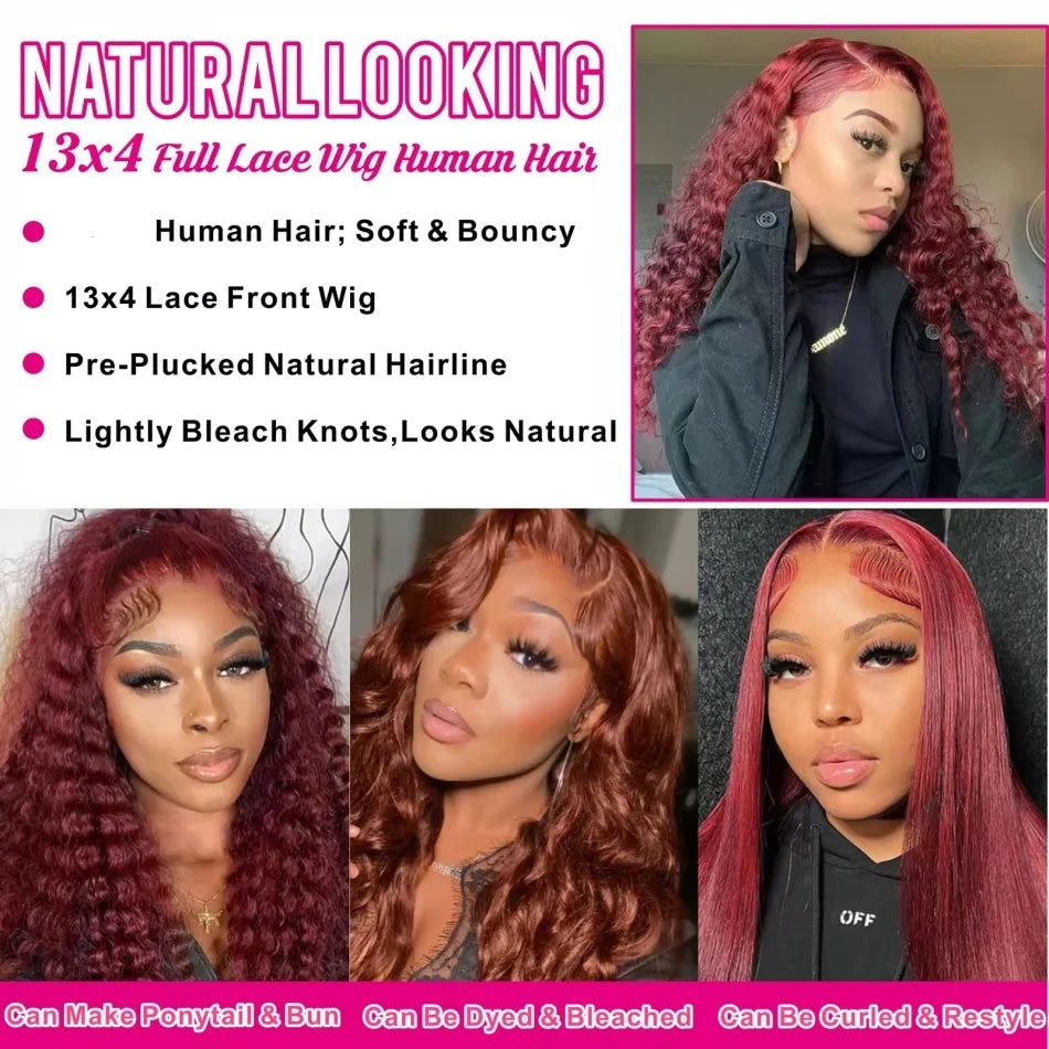 99j Burgundy Curly 13x6 Hd Lace Frontal Human Hair Wig Deep Wave Real Colored Brazilian Pre Plucked Wigs For Women 250 Density
