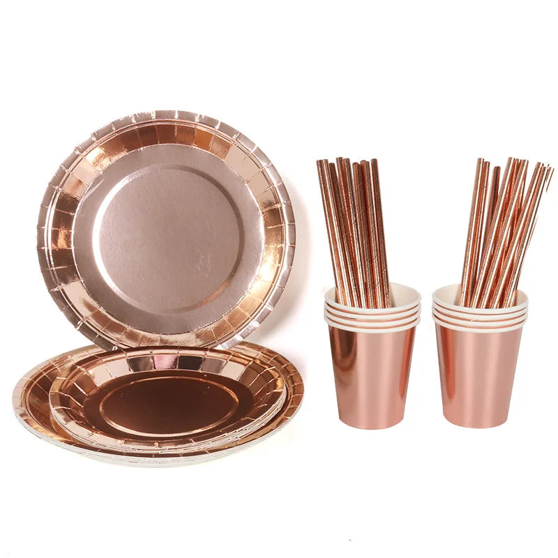 Rose Gold Disposable Tableware Diamond Pattern Paper Cups Plates Straws Table Decoration Wedding Birthday Party Supplies