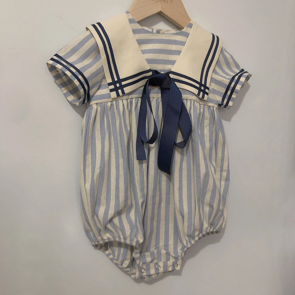 Children Boutique Clothing Baby Boys Girls Blue Striped Navy Tie Bubble Romper Vintage Cotton Siblings Outfit Birthday Dress