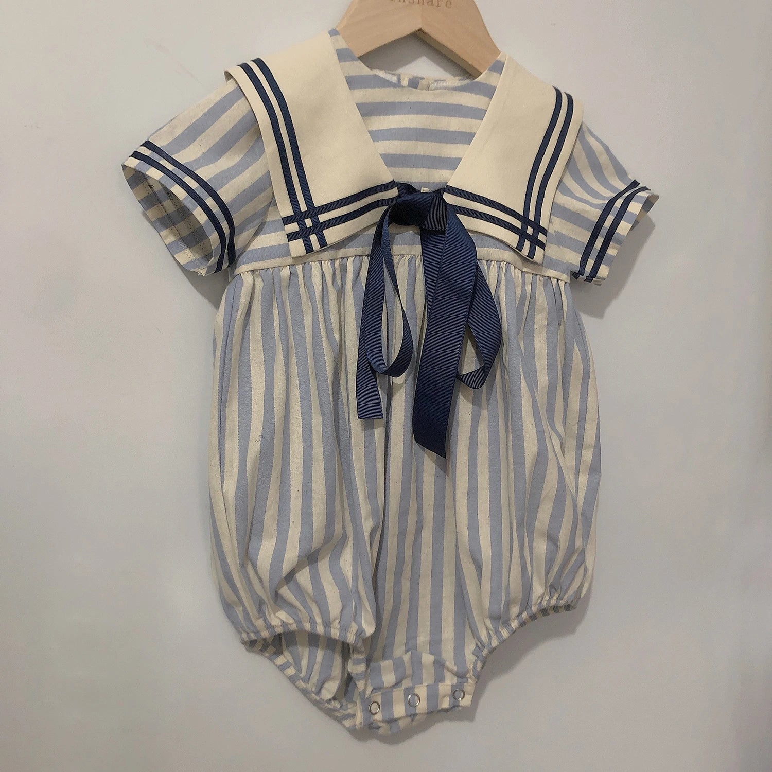 Children Boutique Clothing Baby Boys Girls Blue Striped Navy Tie Bubble Romper Vintage Cotton Siblings Outfit Birthday Dress