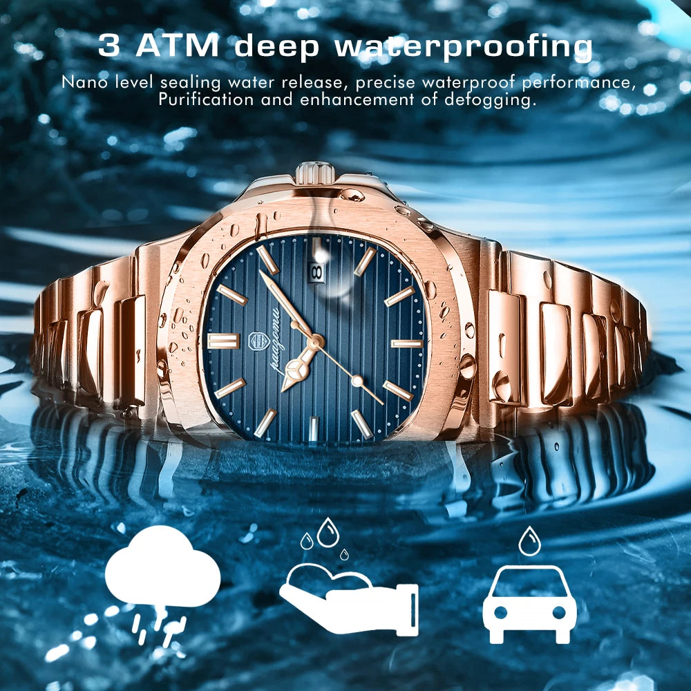 Business Men's Rose Gold Blue Striped Dial Watch Stainless Steel Strap Calendar Waterproof Quartz Sports Watch Birthday Gift