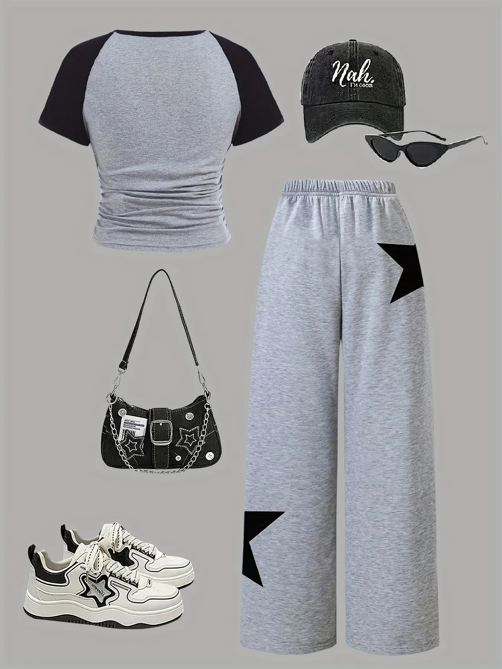 Girls' Clothing, 2-Piece Girls' Set, Five-Pointed Star Pattern, Gray Wide-Leg Sweatpants, Suitable for Spring, Autumn, and Summer, Loose Two-Piece Outfit for Going Out, Versatile for Home and Casual Wear