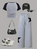 Girls' Clothing, 2-Piece Girls' Set, Five-Pointed Star Pattern, Gray Wide-Leg Sweatpants, Suitable for Spring, Autumn, and Summer, Loose Two-Piece Outfit for Going Out, Versatile for Home and Casual Wear