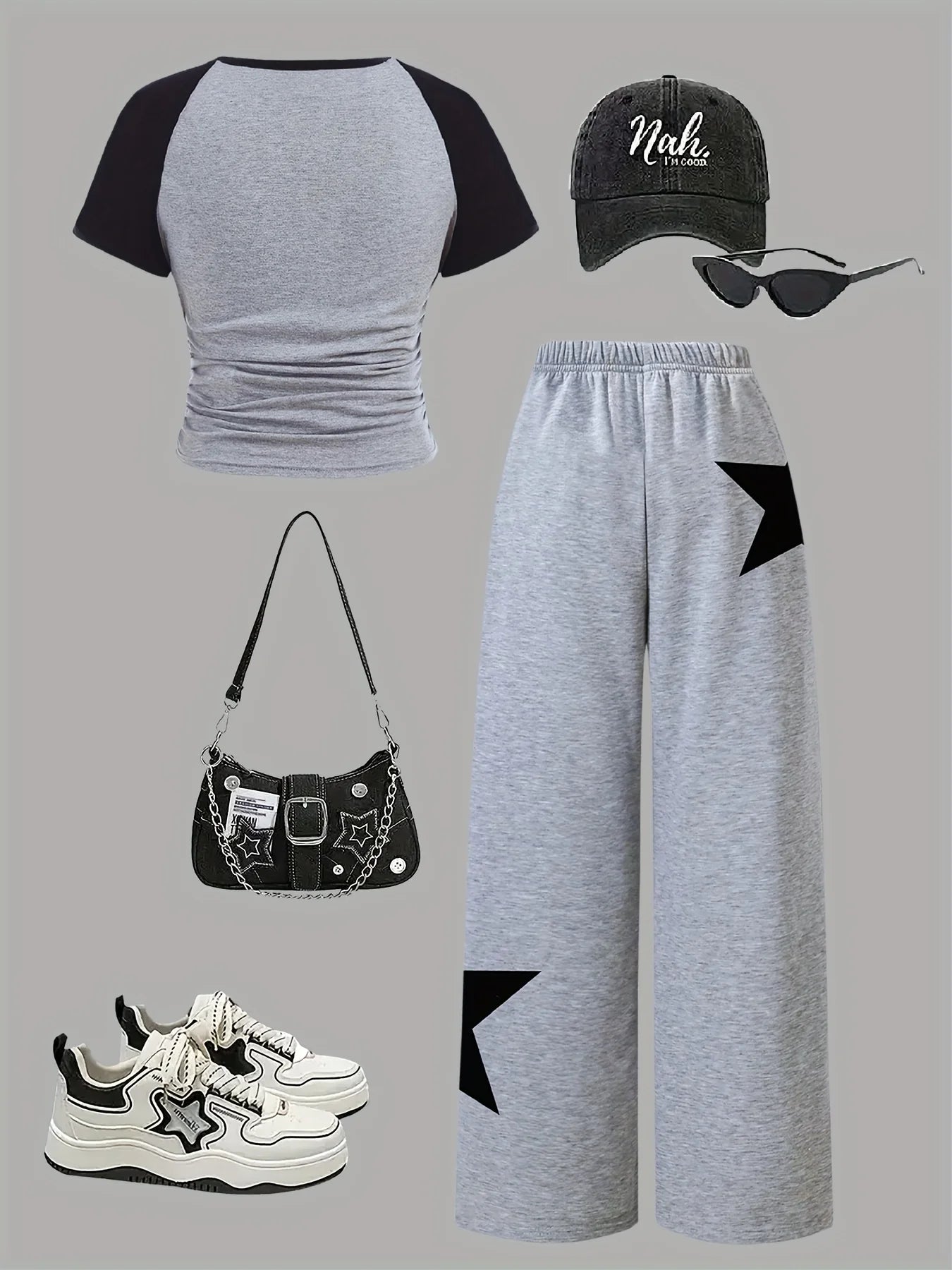 Girls' Clothing, 2-Piece Girls' Set, Five-Pointed Star Pattern, Gray Wide-Leg Sweatpants, Suitable for Spring, Autumn, and Summer, Loose Two-Piece Outfit for Going Out, Versatile for Home and Casual Wear