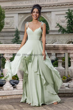 Mint Green Chiffon A-line Bridesmaid Dresses V-neck Bow Spaghetti Straps Layered Ruffle Evening Gown Elegant Wedding Party Dress