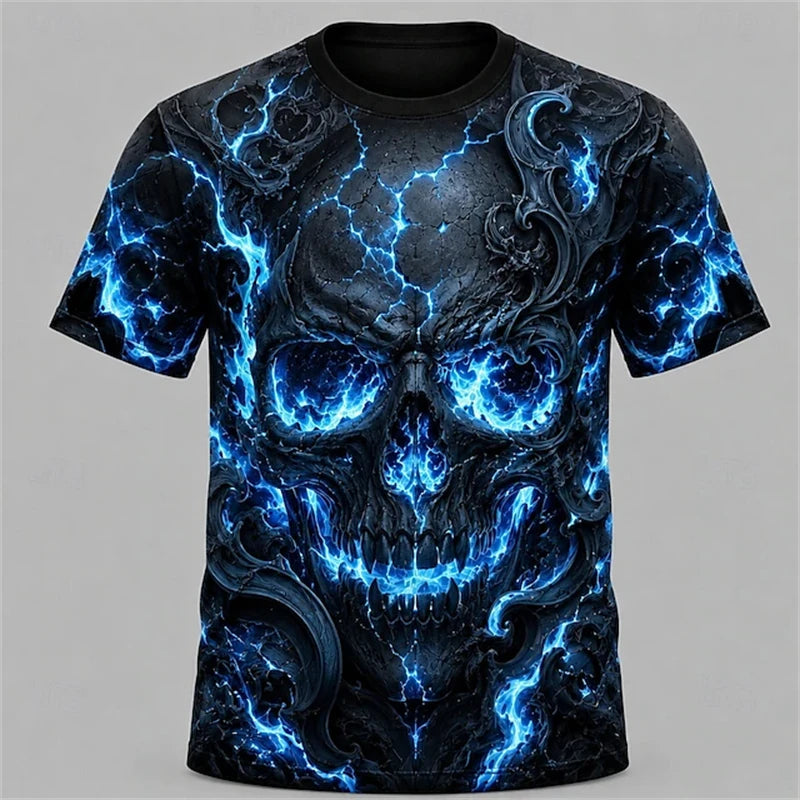 Men's Summer Skull-Printed Horror-Themed Crew-Neck T-Shirt Fashionable Trendy Street-Style Short-Sleeve Top for Halloween