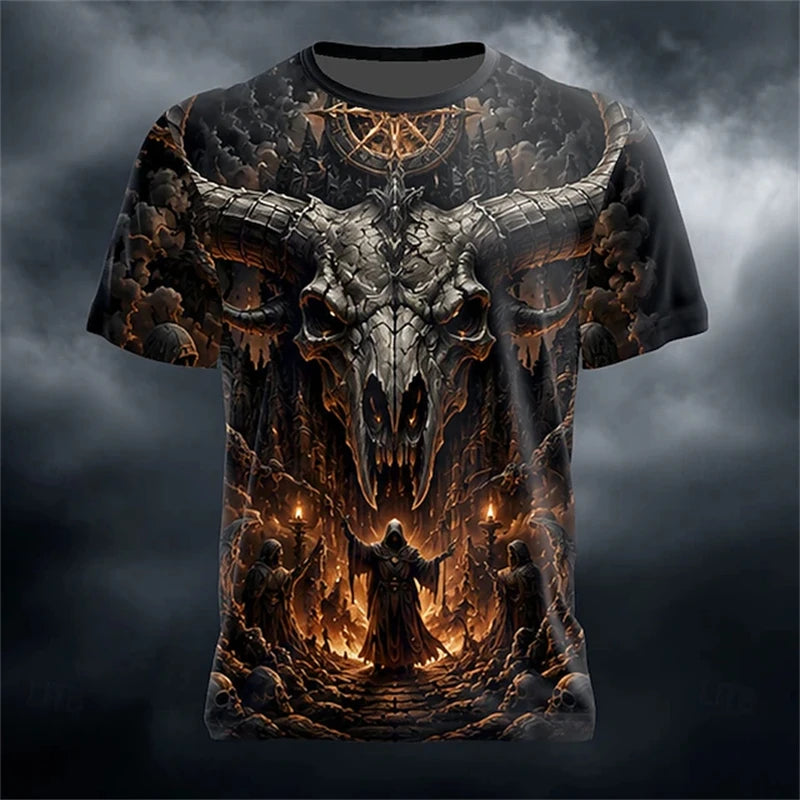 Men's Summer Skull-Printed Horror-Themed Crew-Neck T-Shirt Fashionable Trendy Street-Style Short-Sleeve Top for Halloween