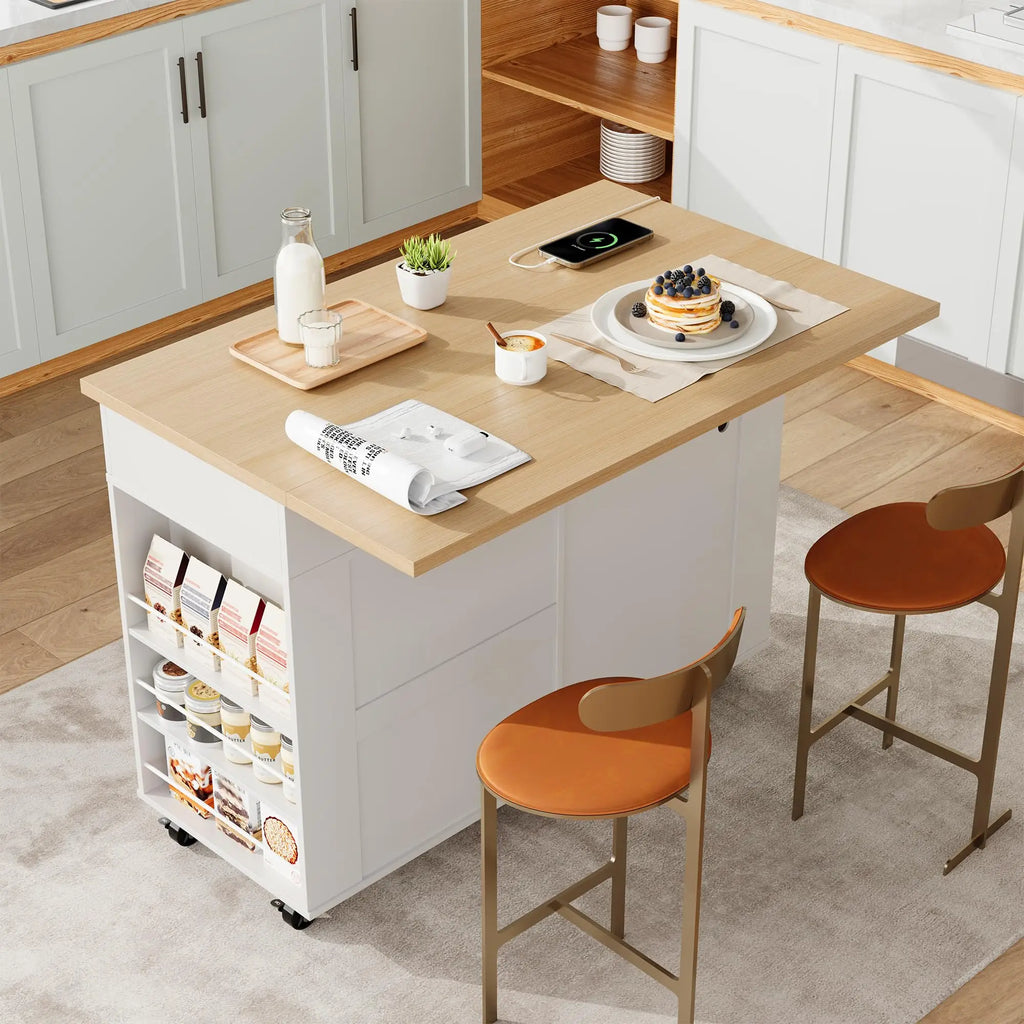 47.2 Inch Rolling Kitchen Island With Drop Leaf, Charging Station, Locking Wheels, Pull-Out Shelves, Drawers, Spice Rack & Storage