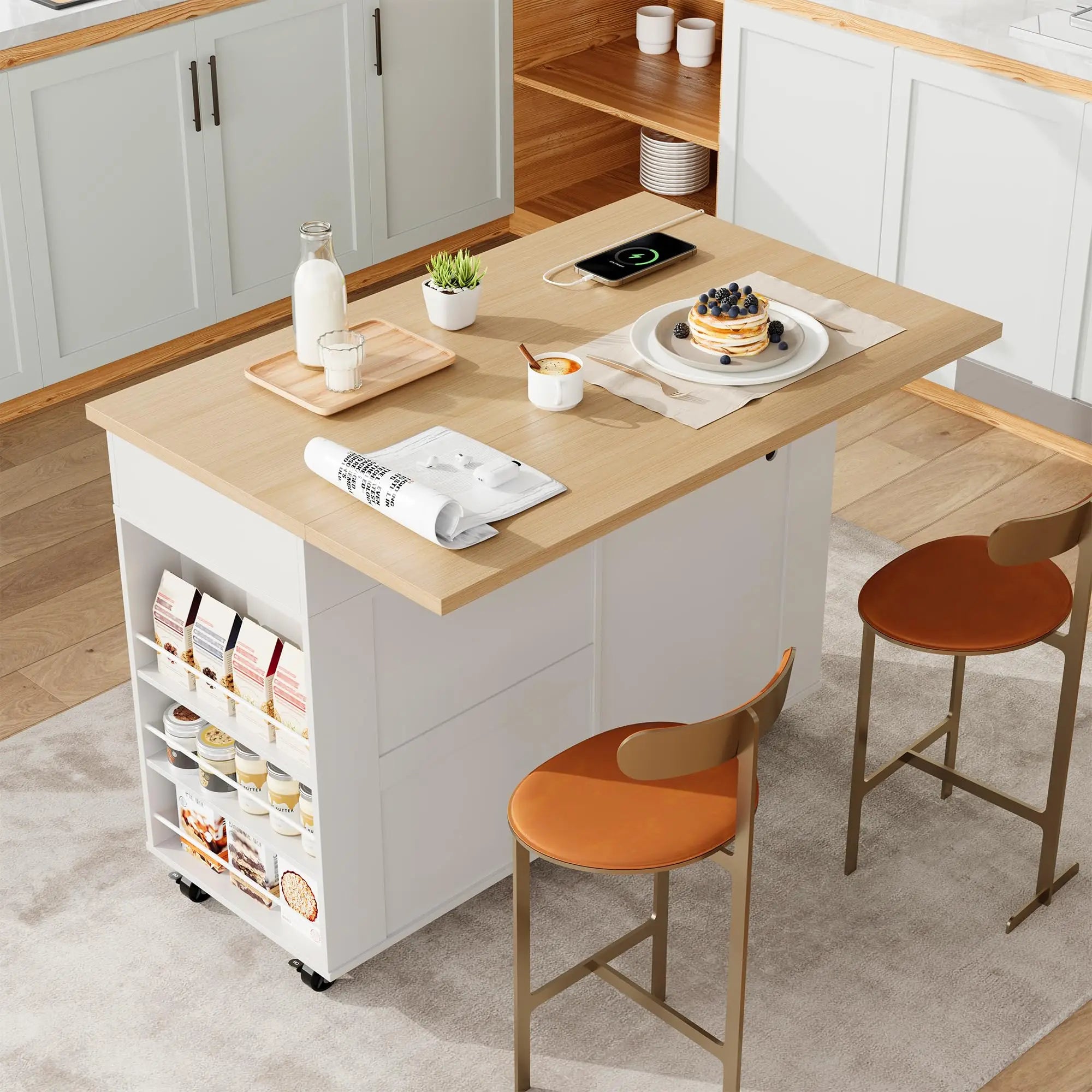 47.2 Inch Rolling Kitchen Island With Drop Leaf, Charging Station, Locking Wheels, Pull-Out Shelves, Drawers, Spice Rack & Storage