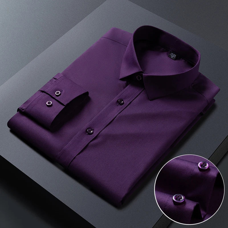 Spring Autumn Men Long Sleeve Shirts Business Casual Wrinkle Resistant Solid Color Formal Dress Slim Fit Work Social Shirt S-8XL
