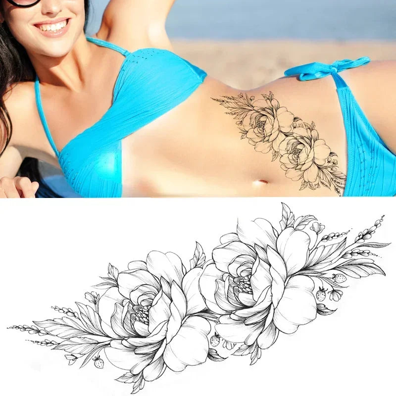 Women Sexy Temporary Tattoo Stickers Black Roses Pattern Full Flower Design Used for Arm Body Art Big Large Fake Tattoo Stickers