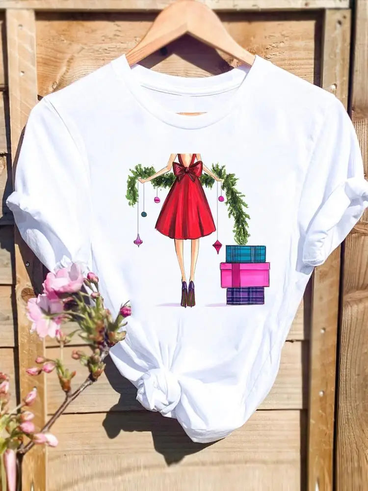 Merry Christmas New Year Holiday Graphic T Tee Fashion Cat Tree Lovely 90s Cute Harajuku Kawaii T-shirt Women's Y2K Clothing