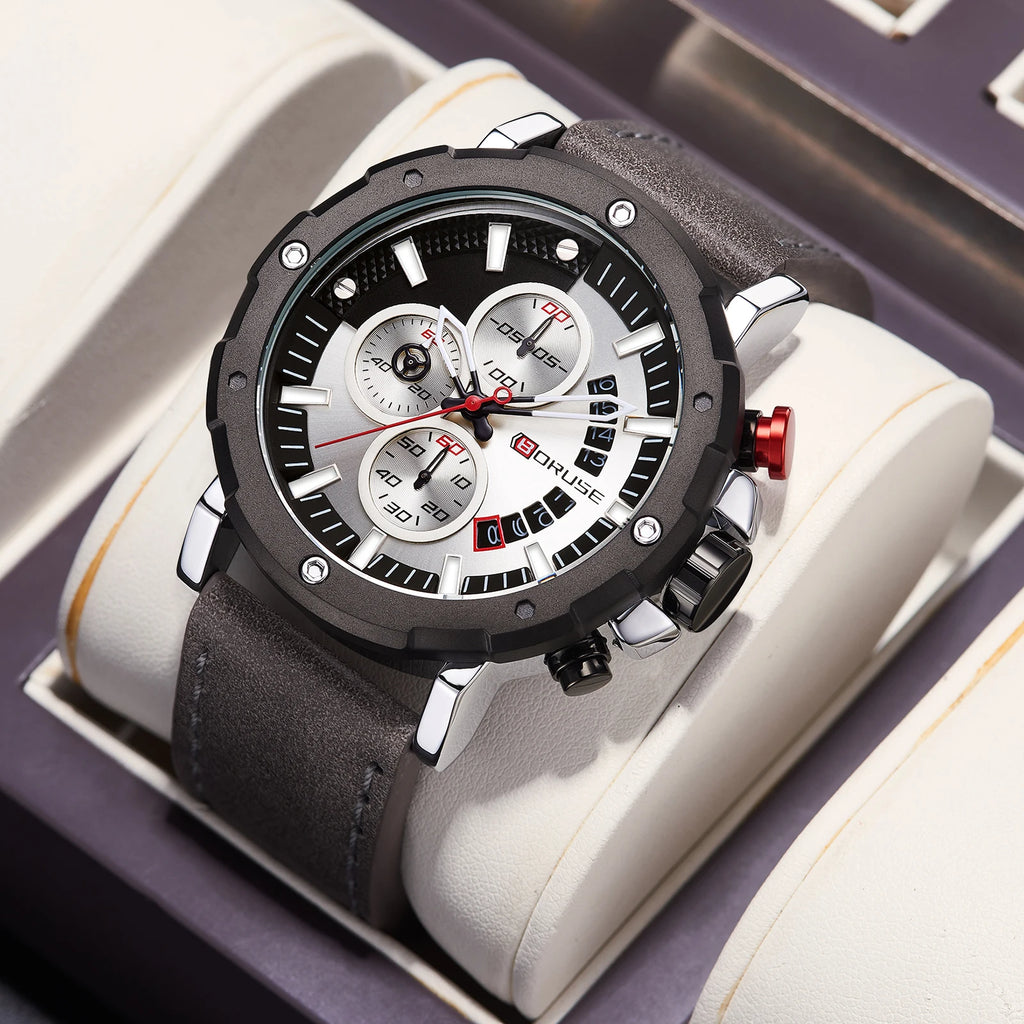 BORUSE 2 Pcs/set Fashion Simple Men's Quartz Wrist Watch Necklace  Pu Leather Strap The Perfect Gift for Men During The Holiday